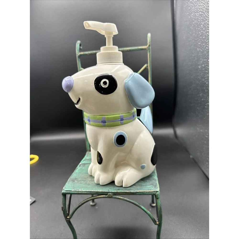 Vintage 90's Jenny Jeff Dog Soap Lotion Pump Dispenser Spotted Dog Blue White